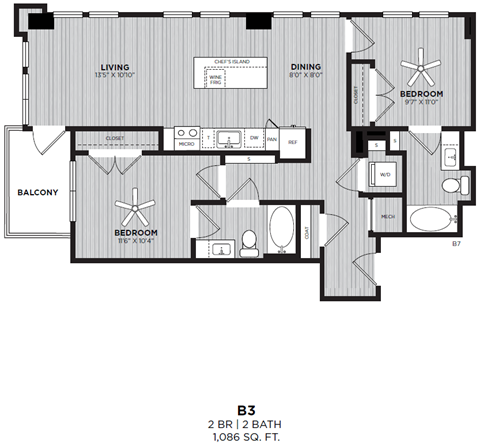 Floor plan for 2 beds, 2 baths, 1086 sqft
